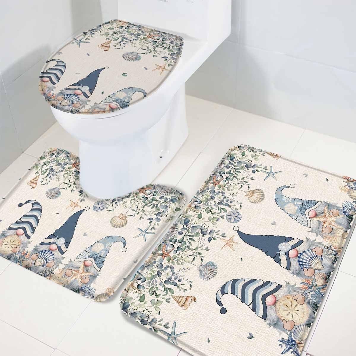 Wotrend Summer 3 Piece Bath Rug Set Ocean Blue Gnome Starfish