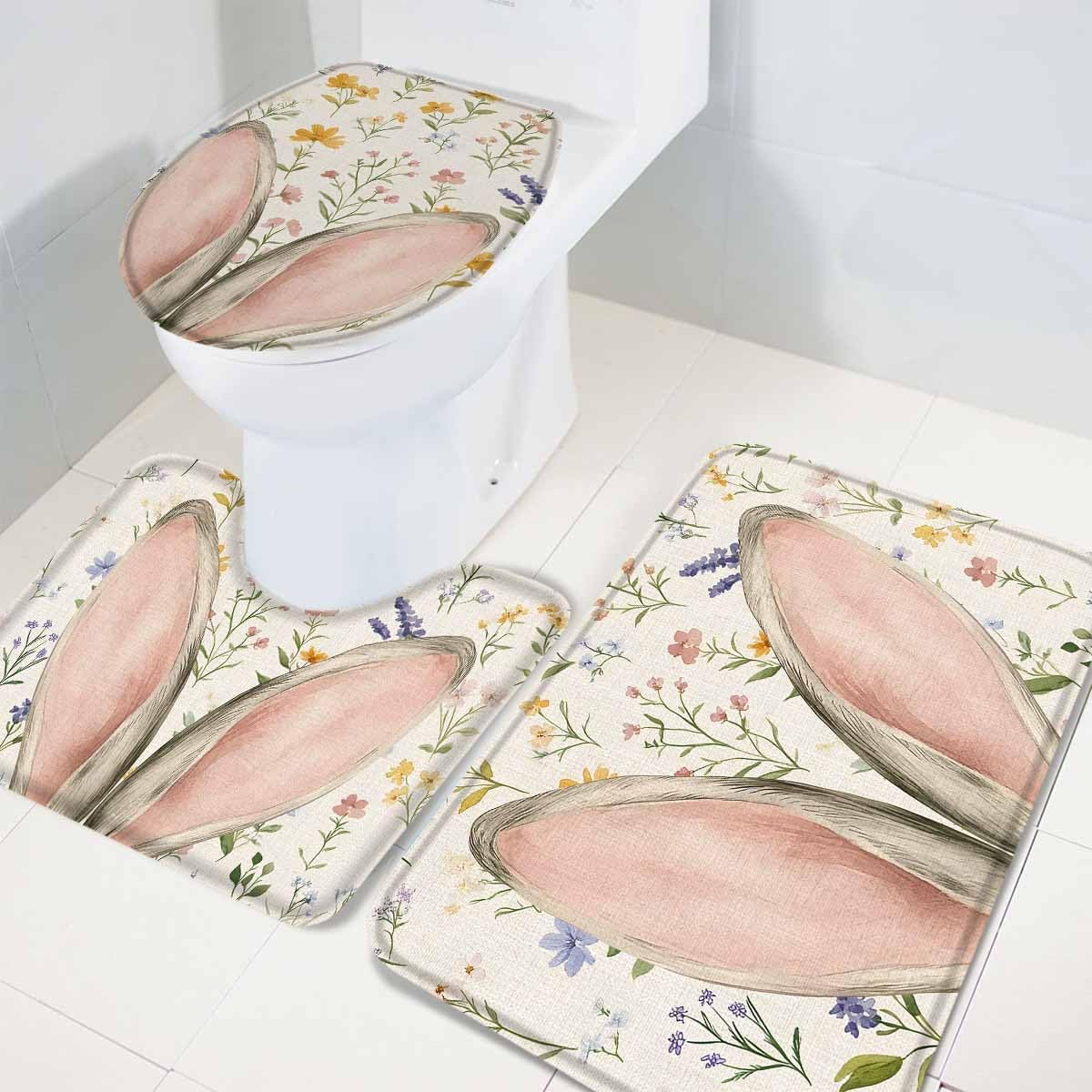 Wotrend Easter 3 Piece Bath Rug Set with Rabbit Ears and Wildflowers 1