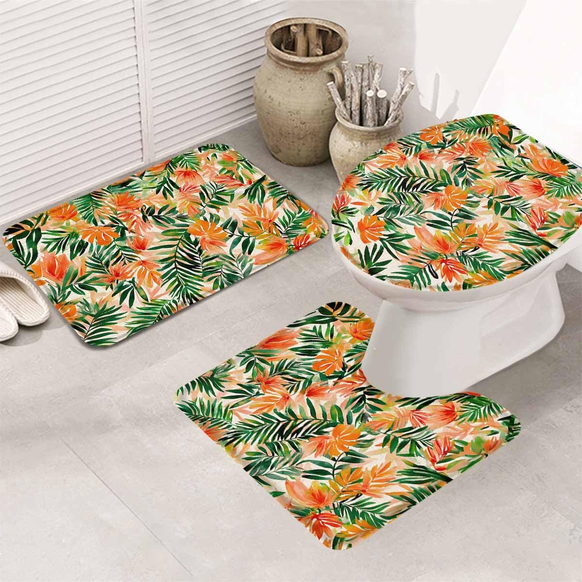 LgioyxQ Orange Green Leaves Bathroom Rugs Set 3 Piece