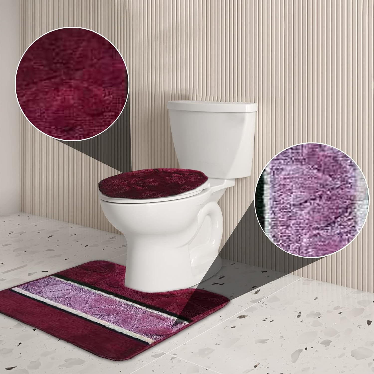 BH Home Linen 3 Pc Geometric Shaggy Bath Rug Set in Burgundy