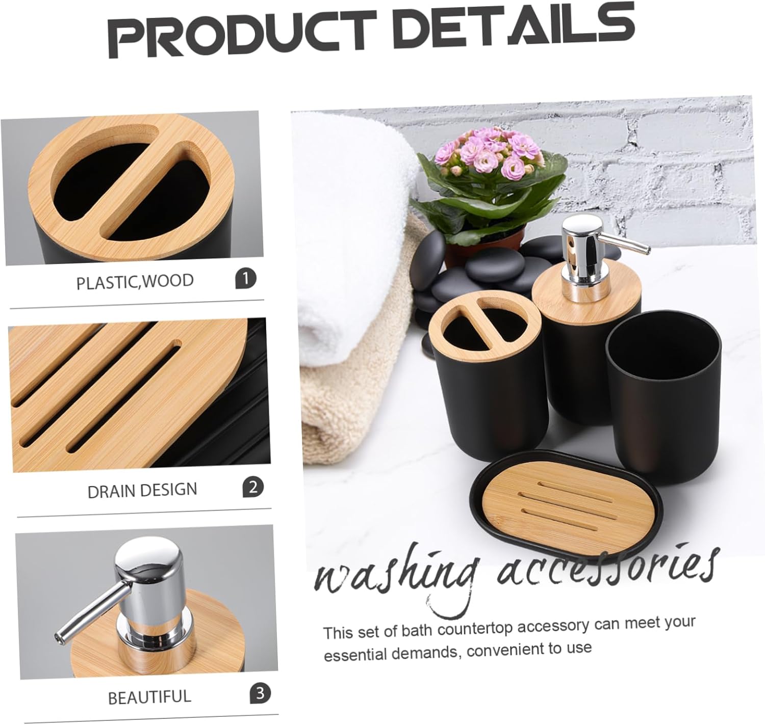 Unomor Modern Bathroom Accessory Set with Wood and Plastic Design