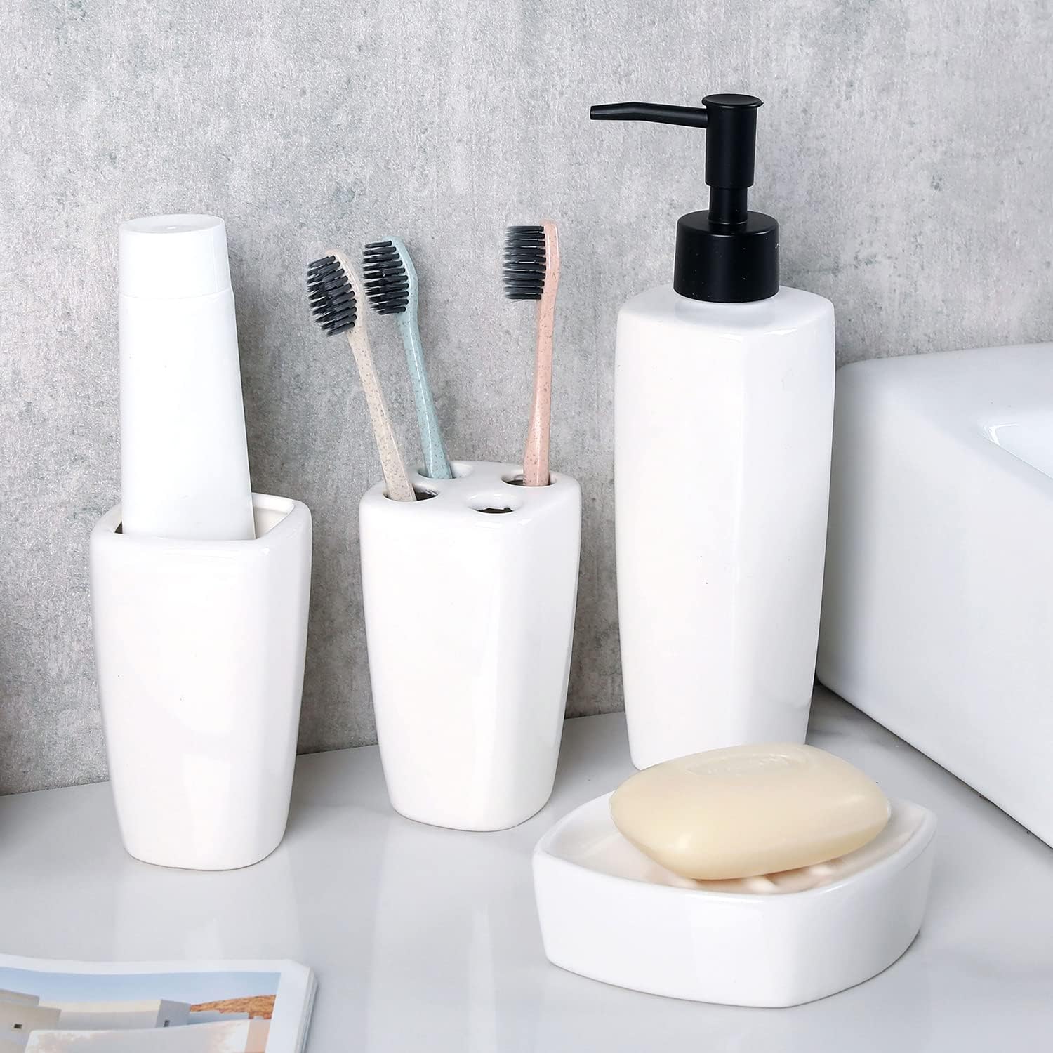 MyGift 4 Piece Modern White Ceramic Bathroom Set