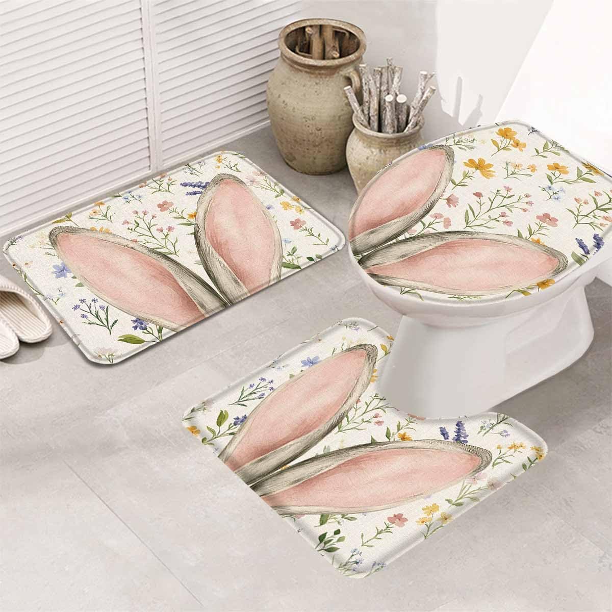 Wotrend Easter 3 Piece Bath Rug Set with Rabbit Ears and Wildflowers 1