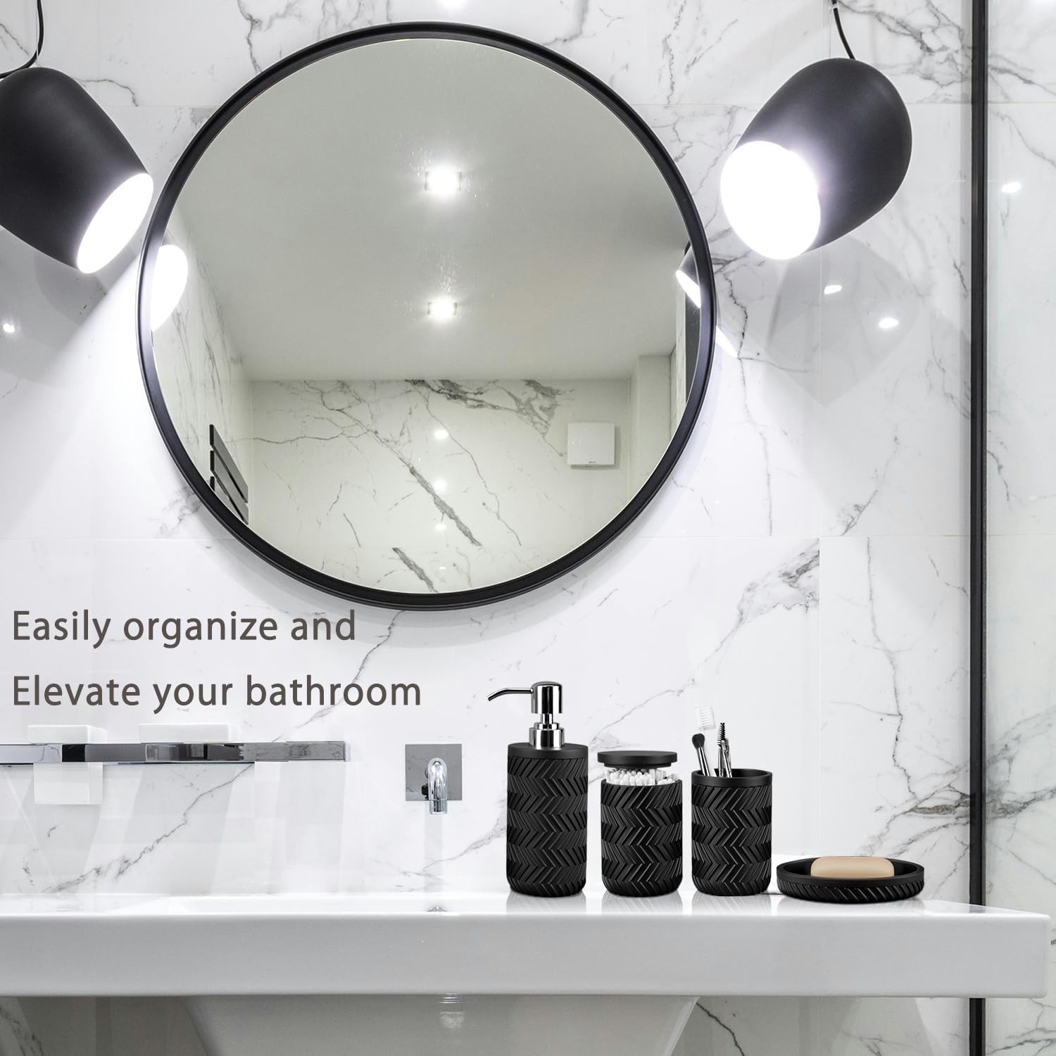 Softflame 4PCs Marble Look Bathroom Accessory Set Matte Black