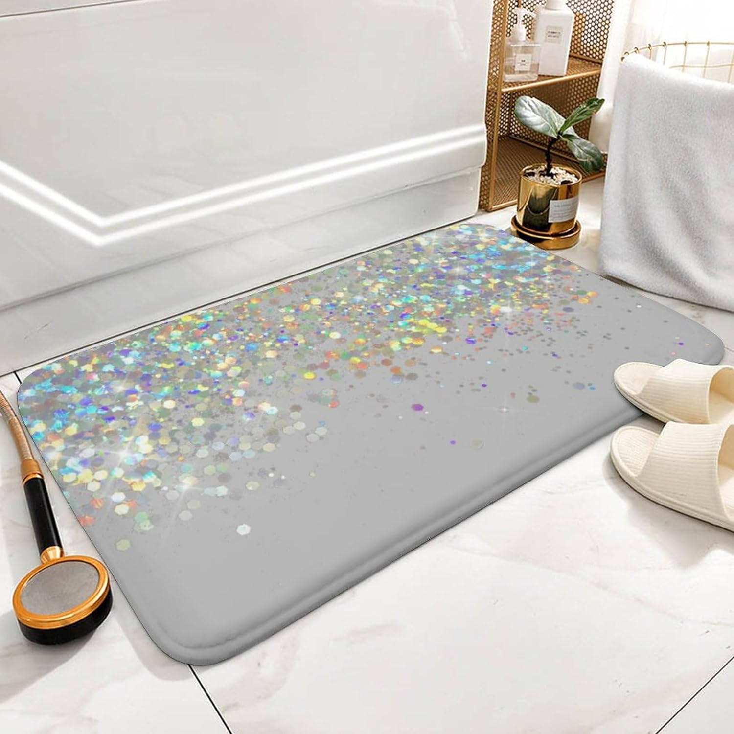 Curdesi Luxury Bath Rug Silver Gray Glitter Non Slip 20x32inch