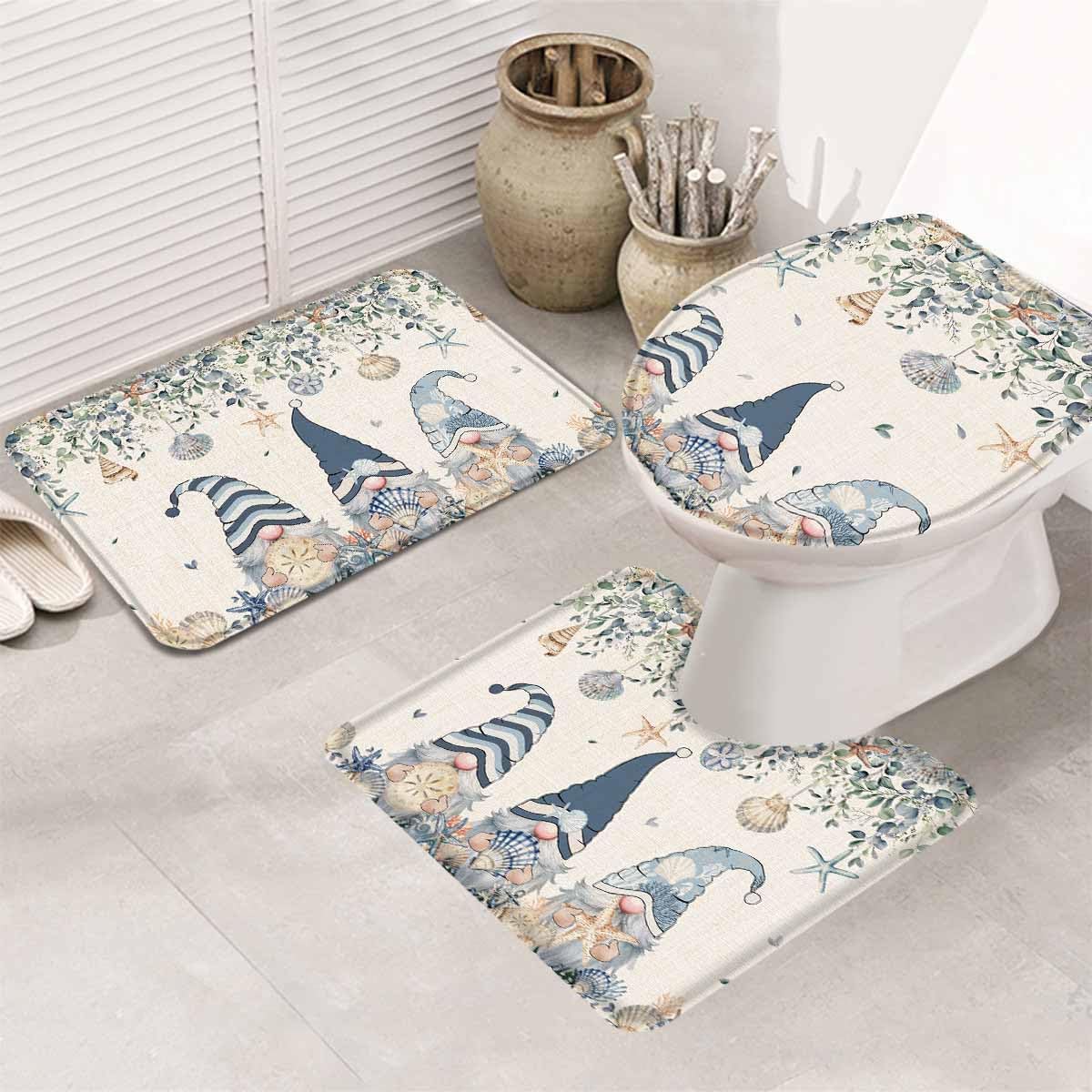 Wotrend Summer 3 Piece Bath Rug Set Ocean Blue Gnome Starfish