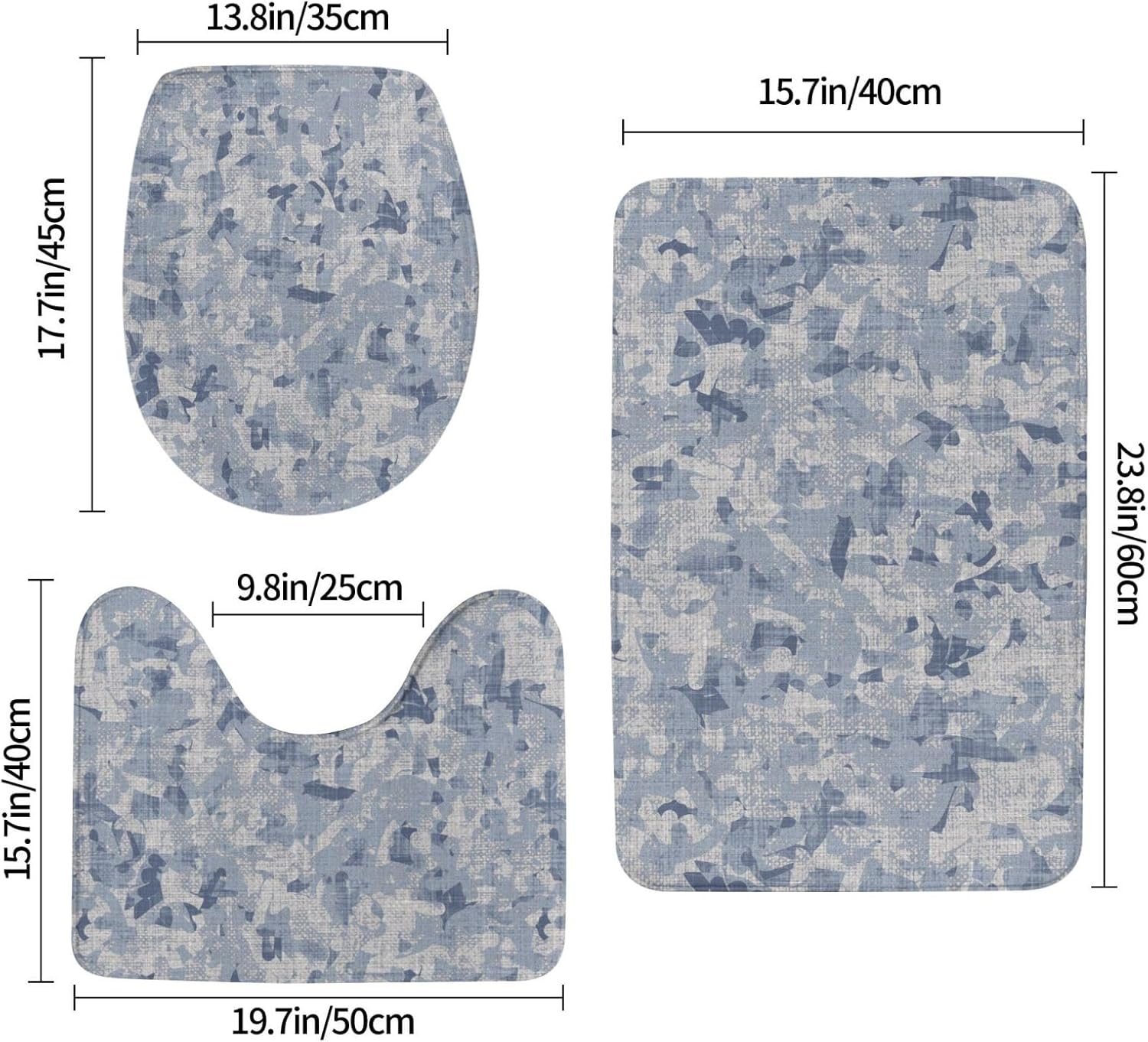 French Linen Mottled Bath Rug Set 3 Pieces Non-Slip