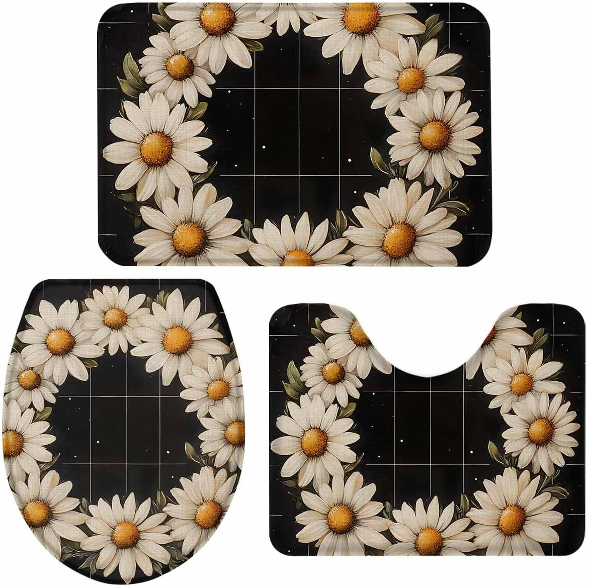 Wotrend Spring 3 Piece Bath Rug Set Pastoral Daisy