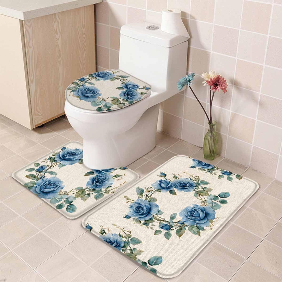 Wotrend Farmhouse Blue Rose Bath Rug Set 3 Piece