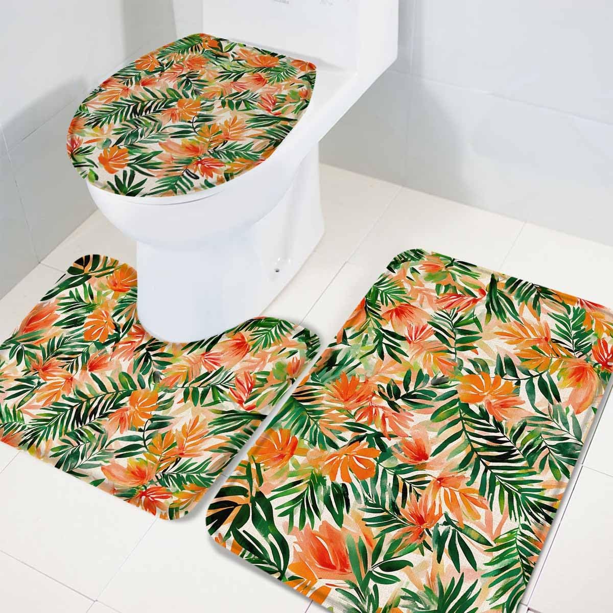 LgioyxQ Orange Green Leaves Bathroom Rugs Set 3 Piece
