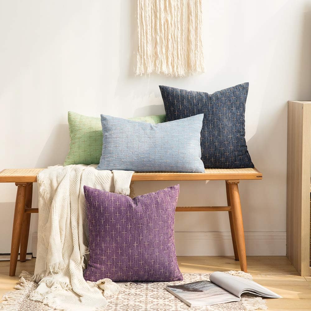 MIULEE Blue Linen Throw Pillow Covers Teal Bath Rugs Set