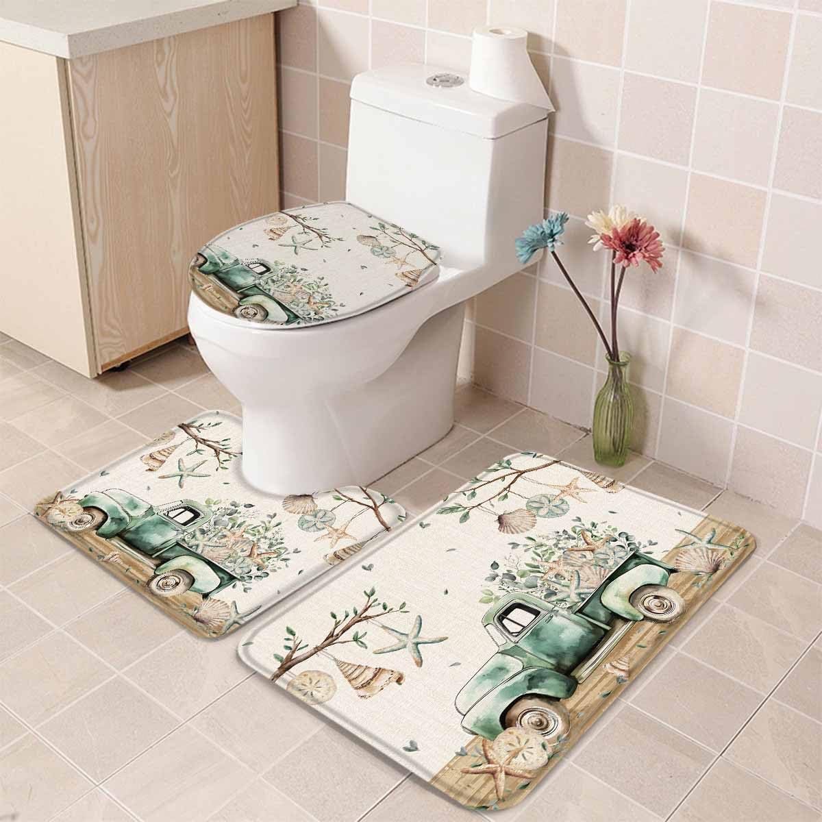 Wotrend Summer 3 Piece Bath Rug Set with Green Truck Starfish Pattern