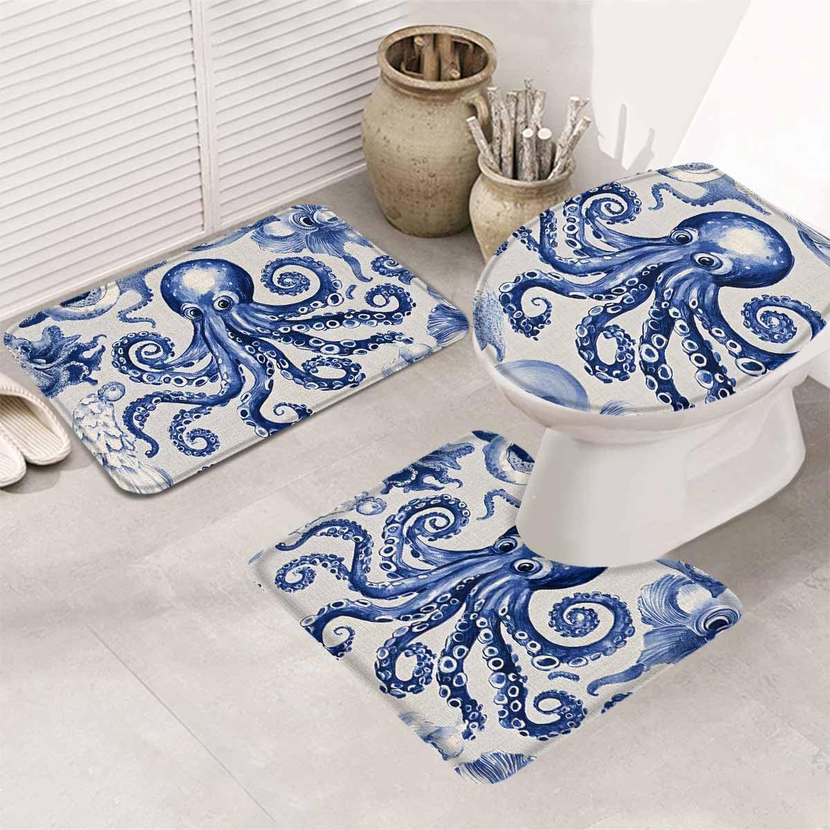 Wotrend Octopus 3 Piece Bath Rug Set Navy Blue