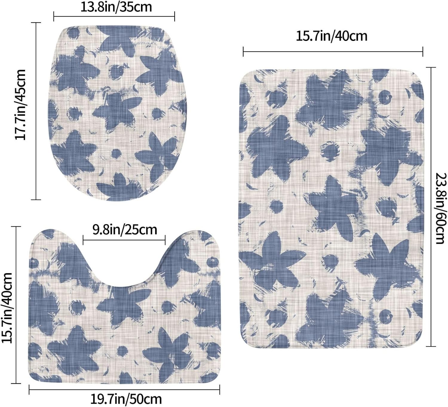 French Linen Floral Bathroom Rug 3-Piece Set