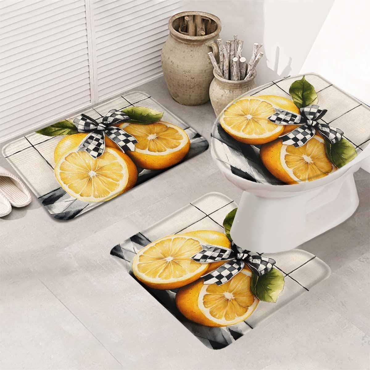 Wotrend Lemon 3 Piece Bath Rug Set with Black Plaid Linen Texture