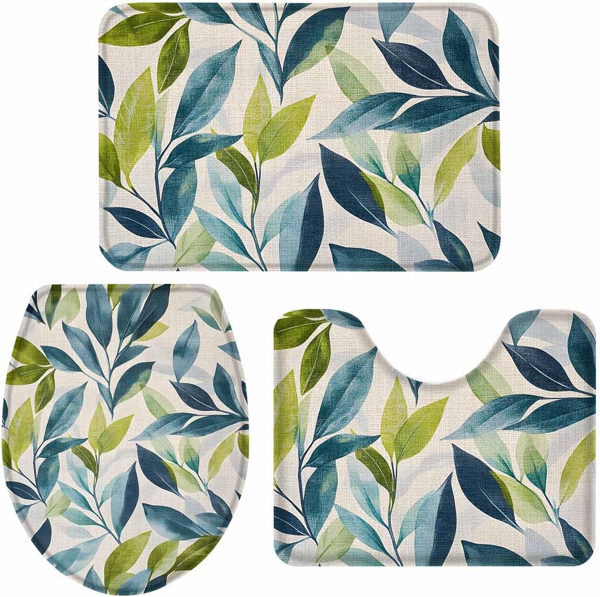 Wotrend Spring 3 Piece Bath Rug Set with Green Blue Leaves Linen Texture