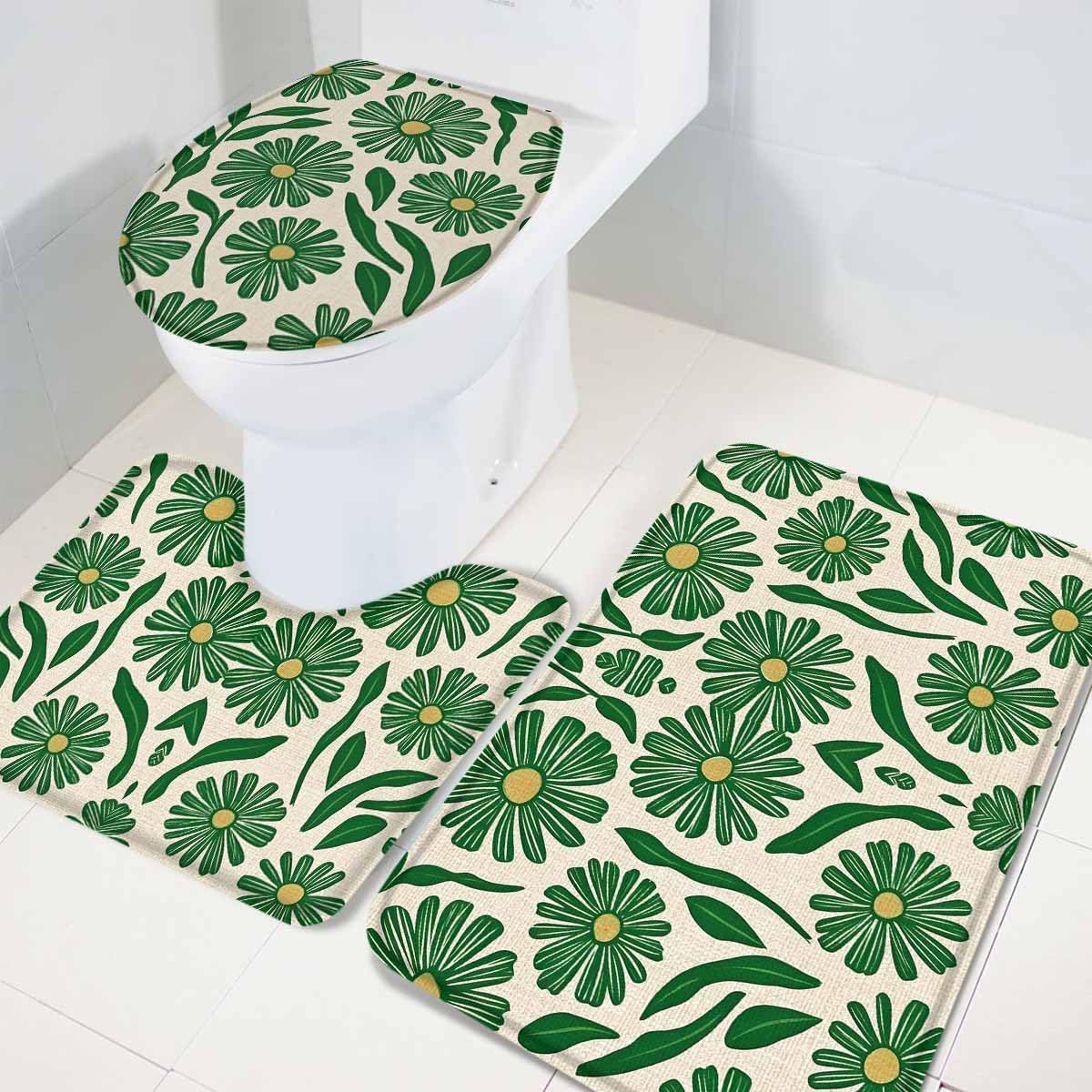 Wotrend 3 Piece Bath Rug Set Green Flower Linen Texture 1