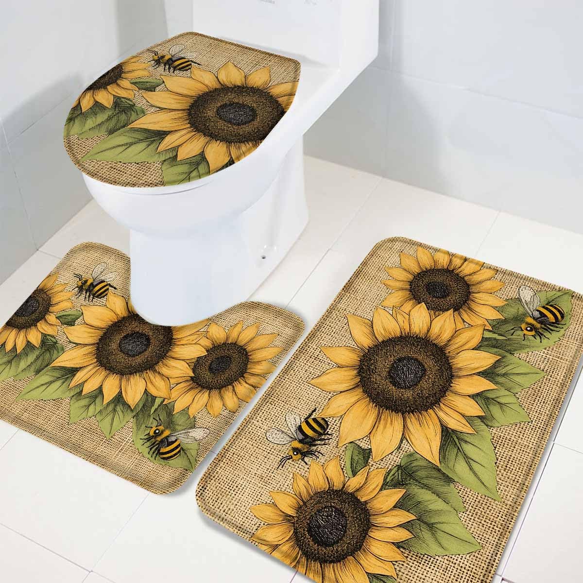 Wotrend Floral 3-Piece Bath Rug Set with Sunflowers and Butterfly Design