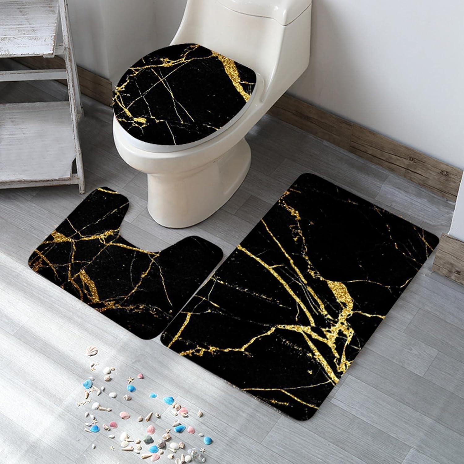YIWULA 3 Piece Marble Texture Bathroom Rug Set