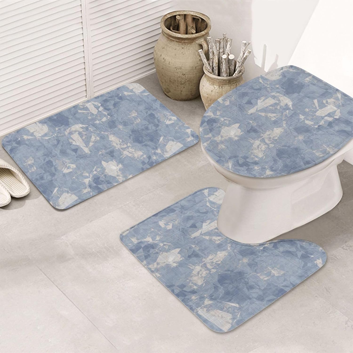 French Linen Print 3 Piece Bathroom Rug Set