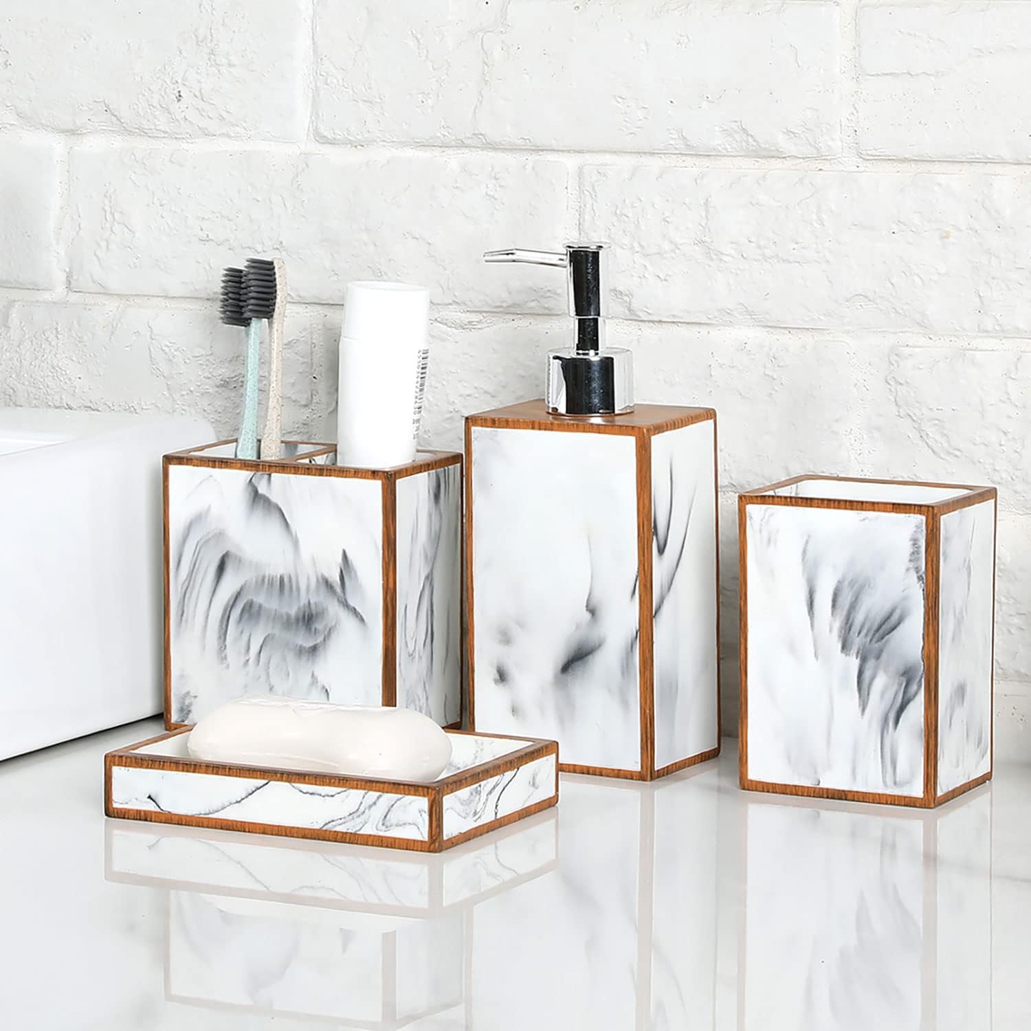 MyGift 4 Piece Bathroom Accessories Set with Marble Design and Wood Trim
