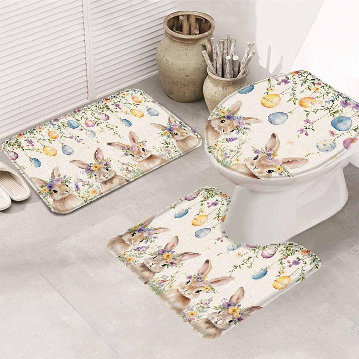Wotrend Easter Bunny Bath Rugs Set 3 Pieces