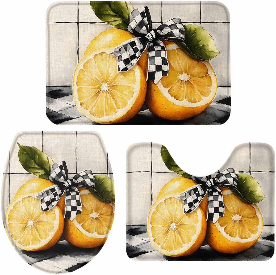 Wotrend Lemon 3 Piece Bath Rug Set with Black Plaid Linen Texture