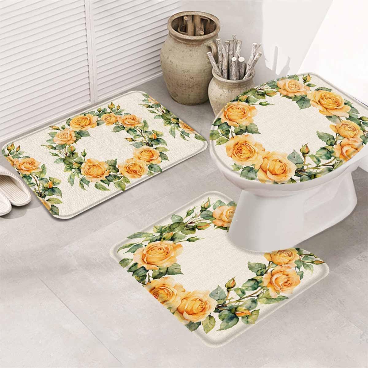 Wotrend 3-Piece Bath Rug Set Farmhouse Yellow Rose Wreath Linen Texture Mats