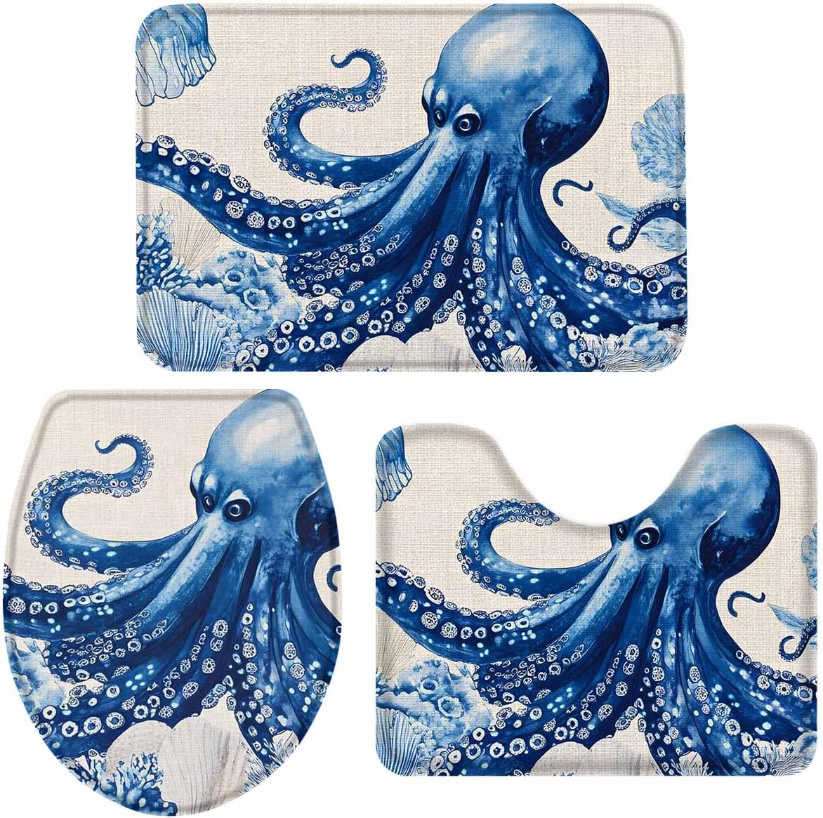 Wotrend Octopus Bath Rug Set 3 Pieces Tentacles Blue