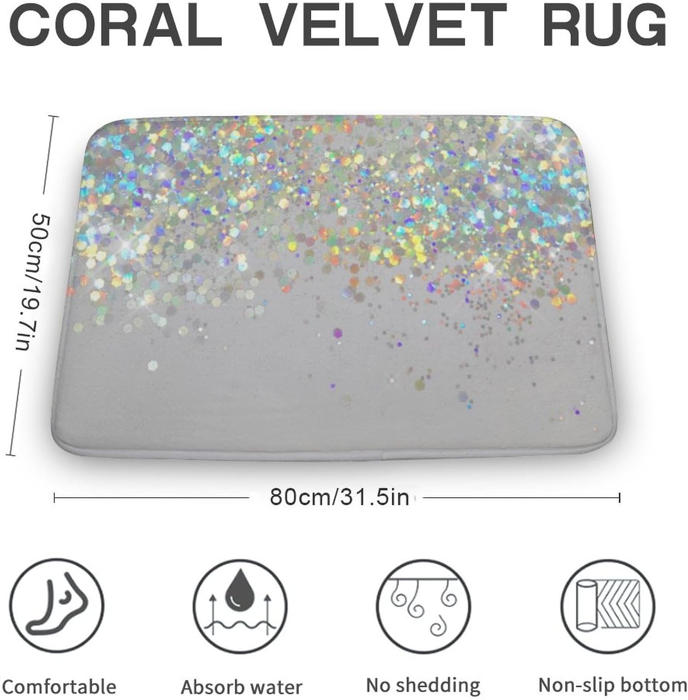 Curdesi Luxury Bath Rug Silver Gray Glitter Non Slip 20x32inch