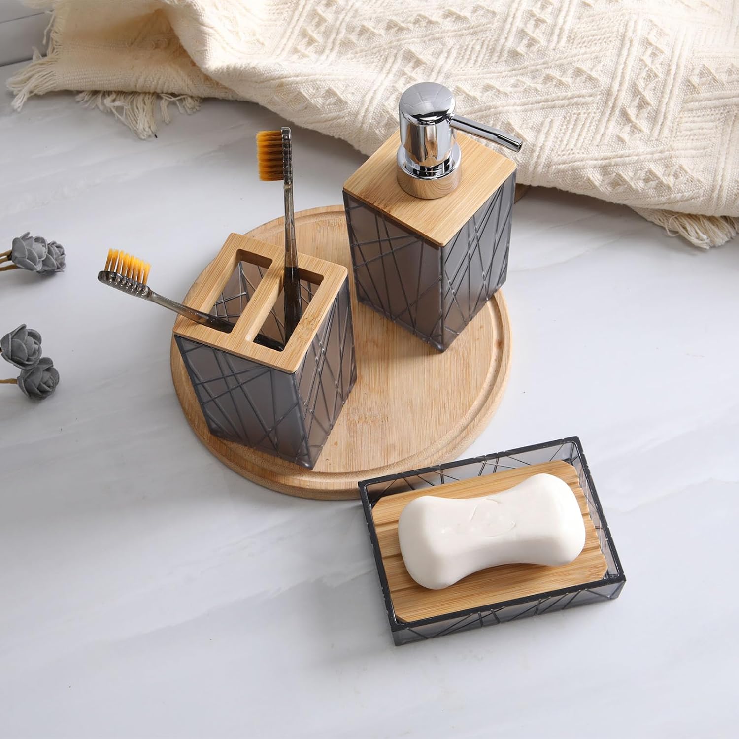 Clear Gray Bamboo Bathroom Accessories Set 6PCS