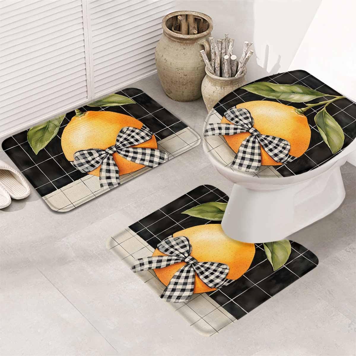 Wotrend Lemon 3 Piece Bath Rug Set with Checked Plaid Linen Texture
