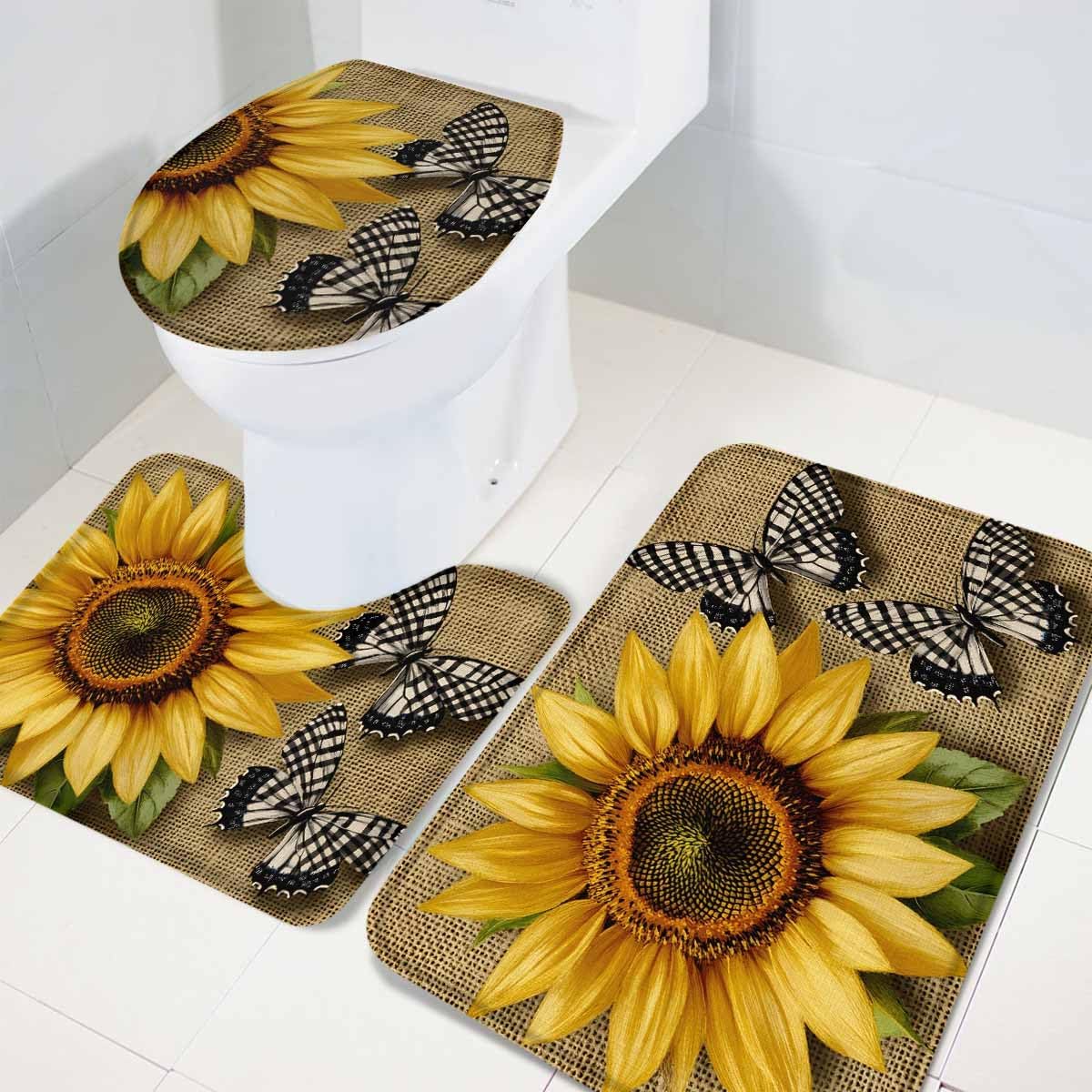 Wotrend Floral Bath Rug Set with Sunflowers and Butterfly Design