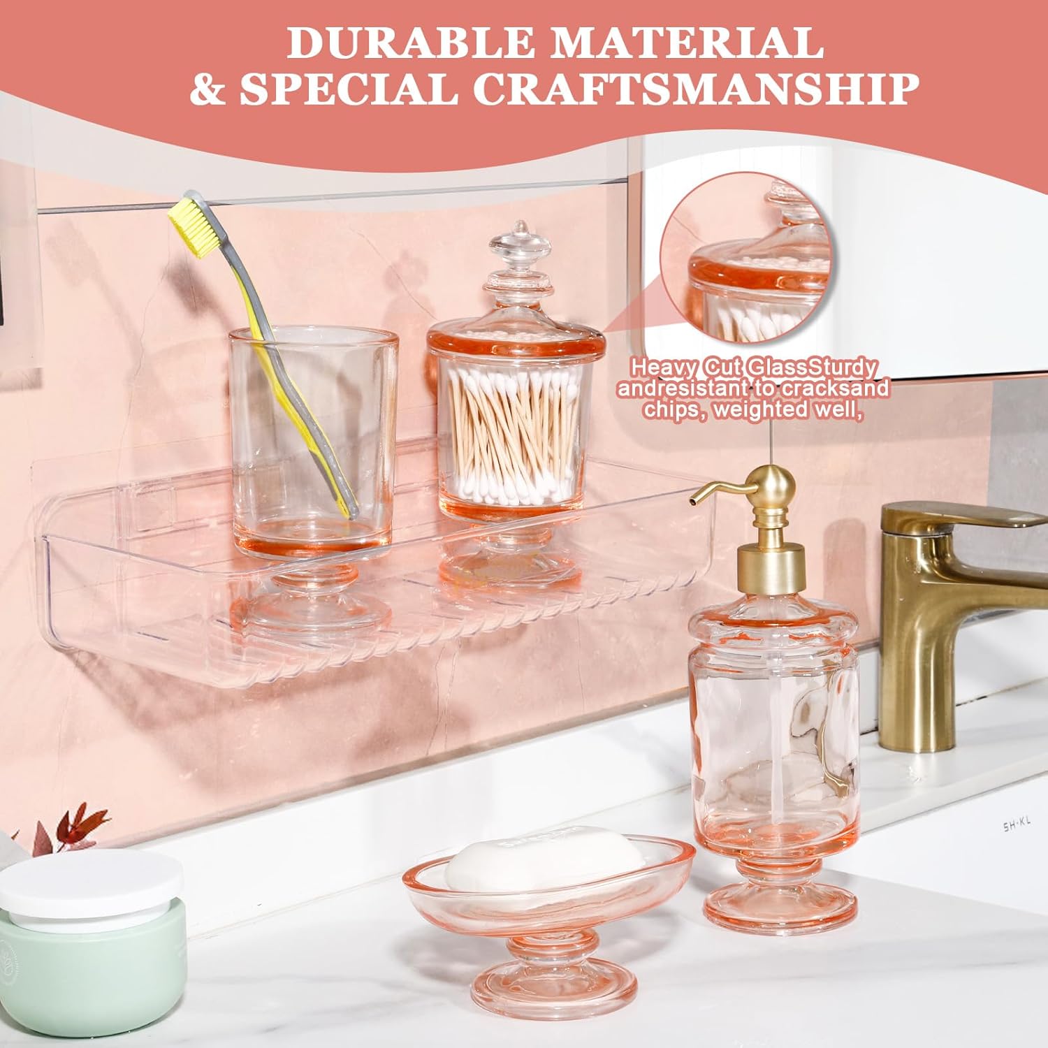 Pink Glass Bathroom Accessories Set 4Pcs 1