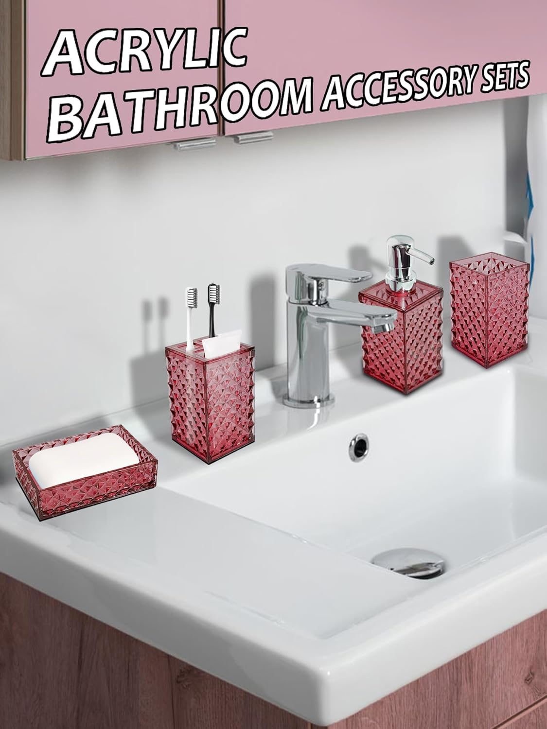 Cevly 4-Piece Bathroom Accessories Set Acrylic Fuchsia