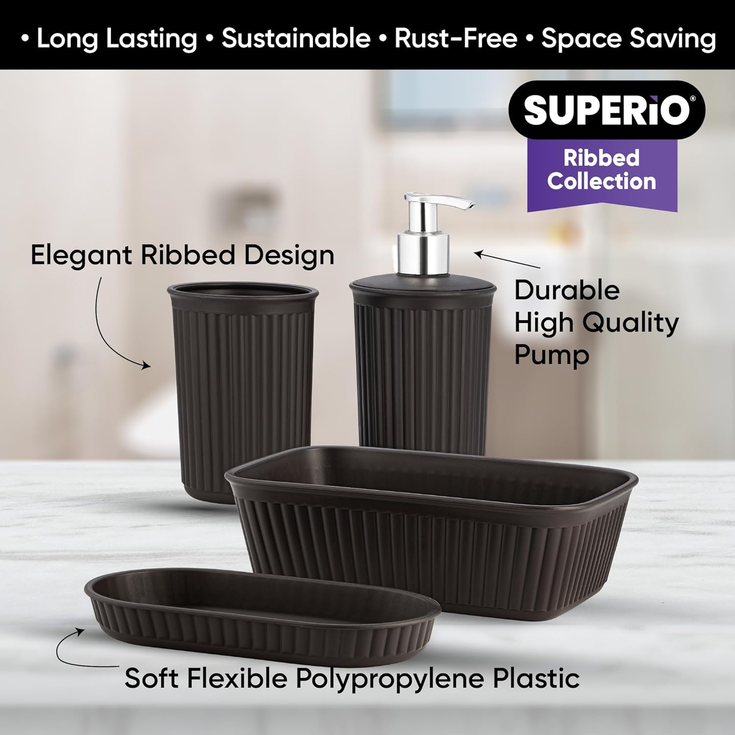 Superio Decorative Plastic Bathroom Accessories Set - Brown