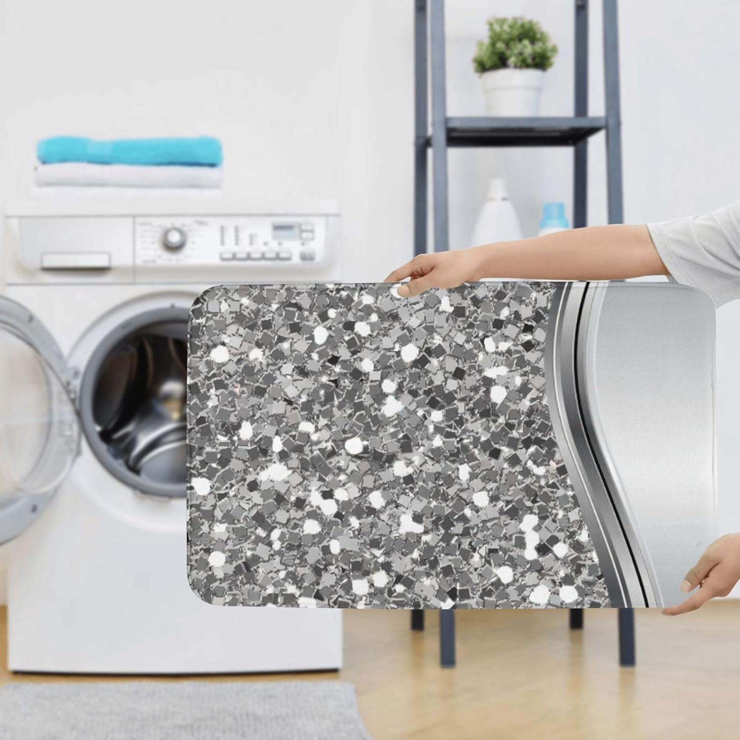 CLaLoc 3-Piece Silver Faux Glitter Bathroom Rug Set
