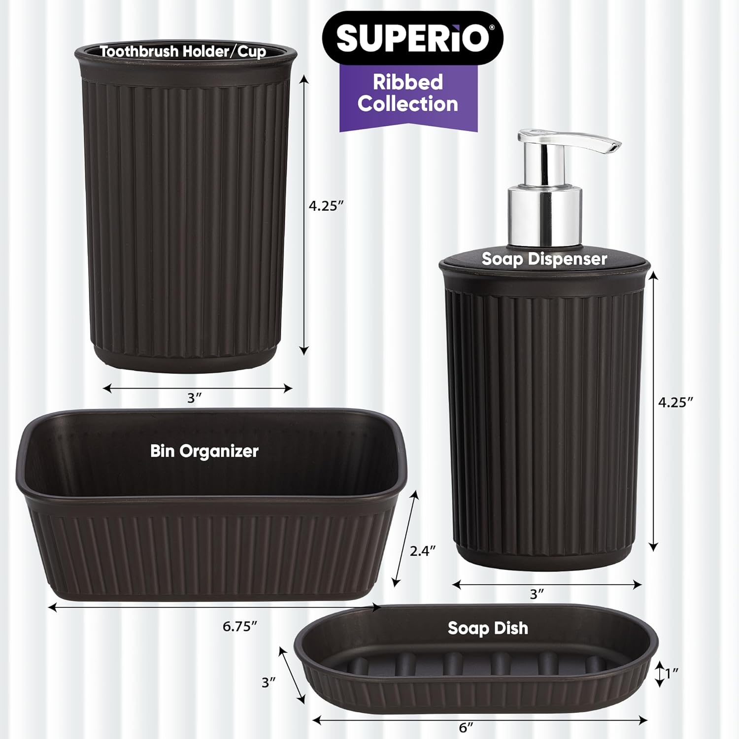 Superio Decorative Plastic Bathroom Accessories Set - Brown