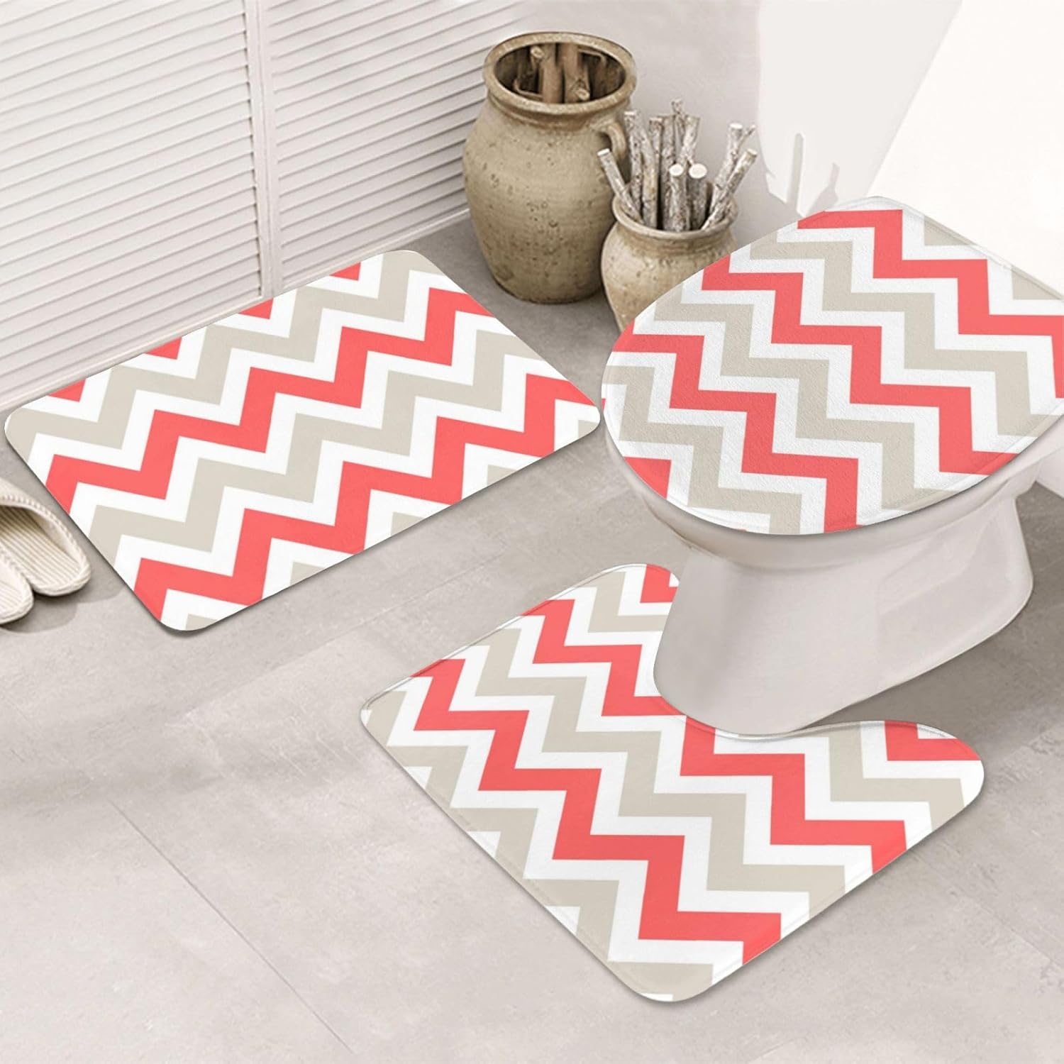 3 Piece Bathroom Mat Set with Non-Slip Absorbent Linen Rugs