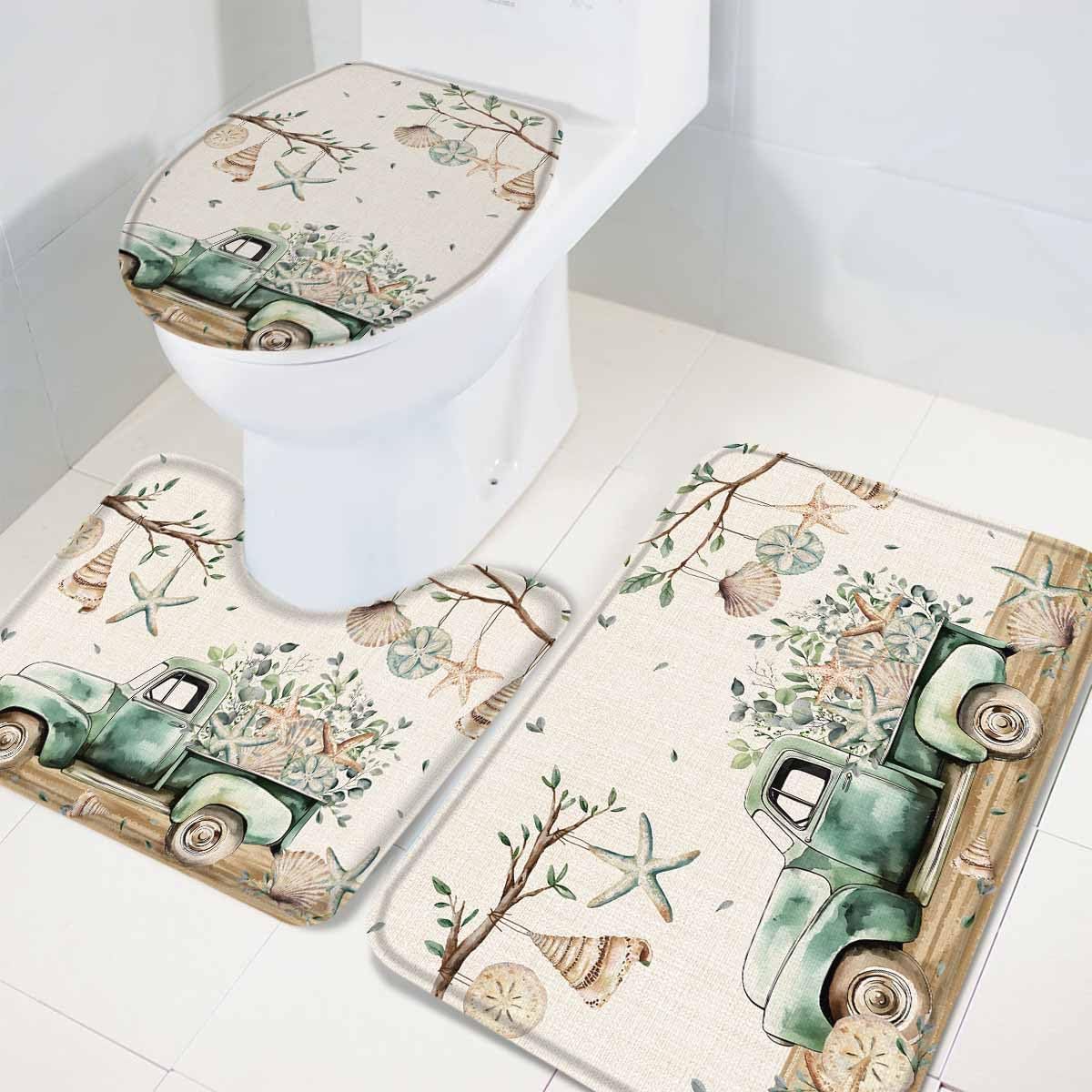 Wotrend Summer 3 Piece Bath Rug Set with Green Truck Starfish Pattern