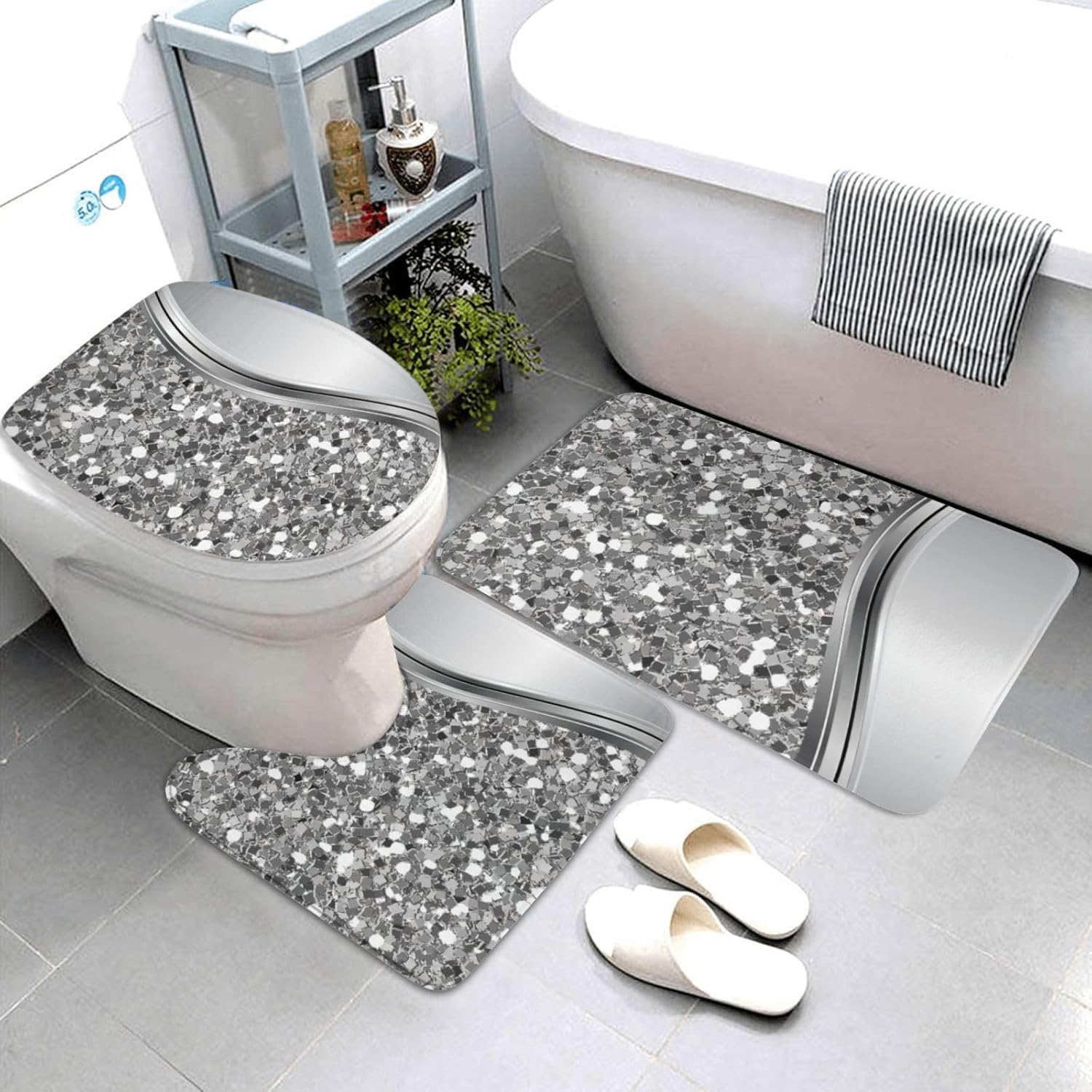 CLaLoc 3-Piece Silver Faux Glitter Bathroom Rug Set