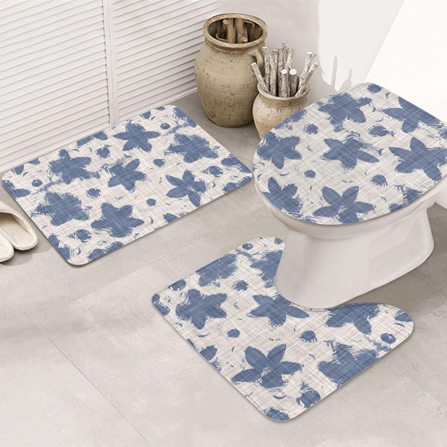 French Linen Floral 3-Piece Bathroom Rug Set