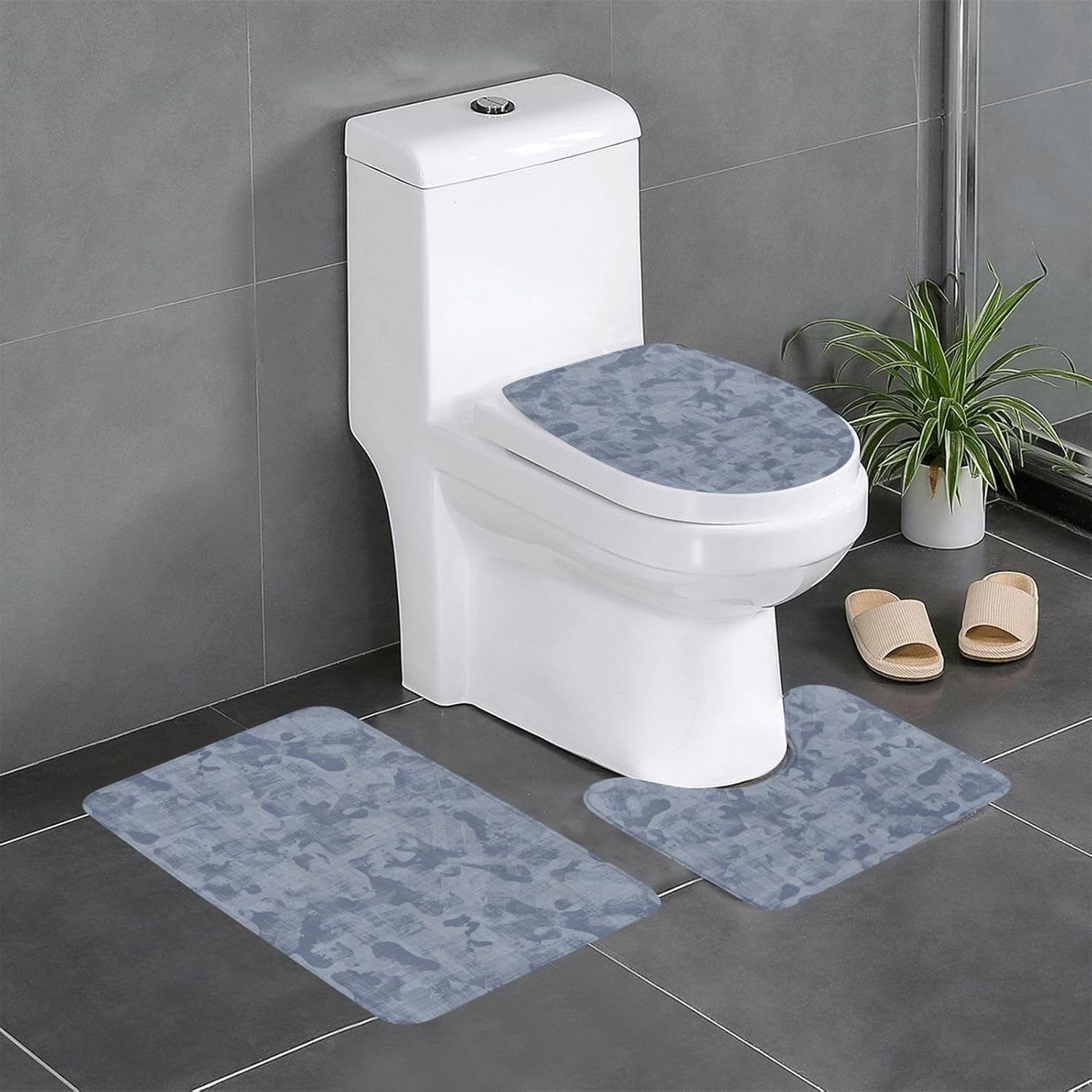 French Blue Mottled Linen 3-Piece Bath Rug Set