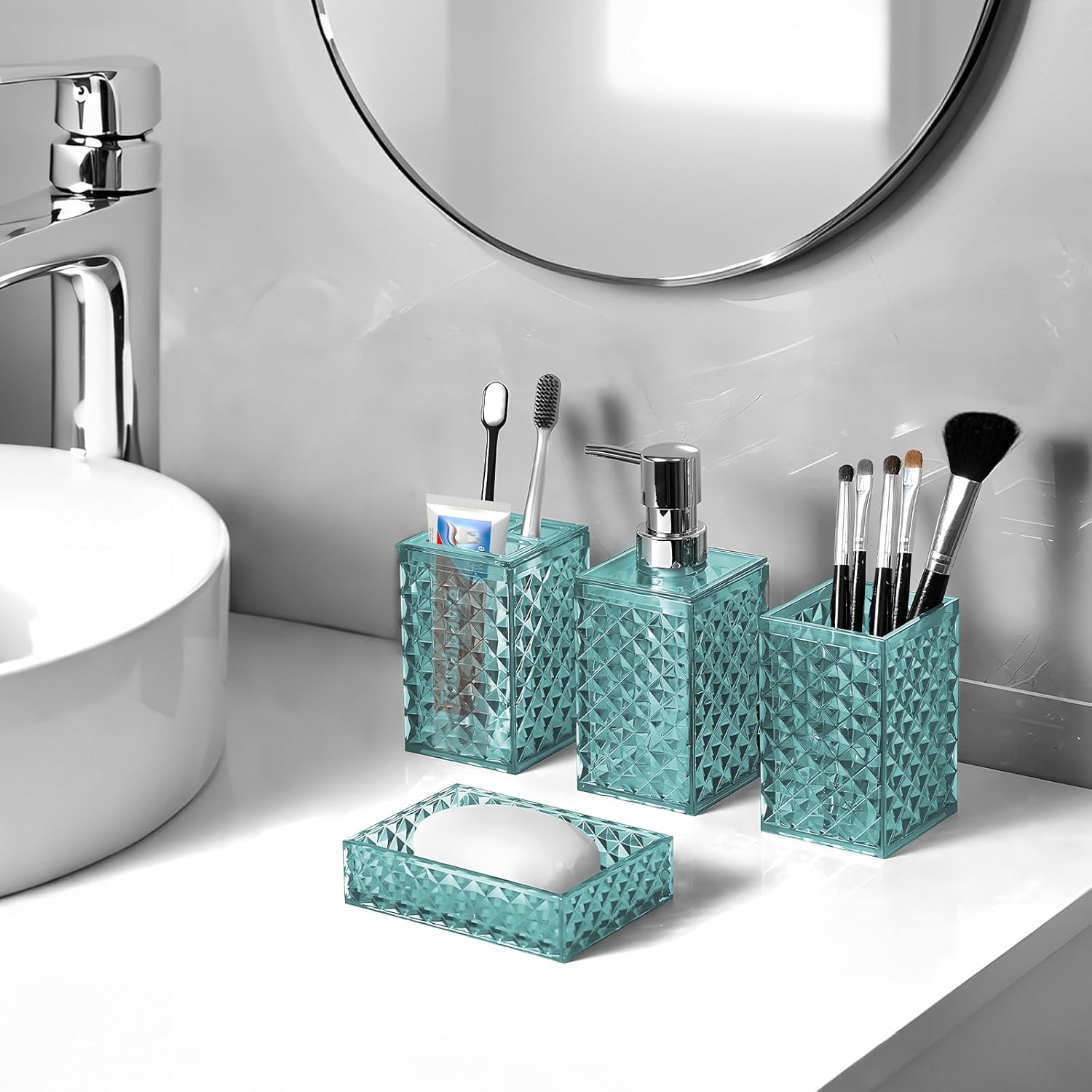 Samhe 4 Pcs Blue Plastic Bathroom Accessory Set