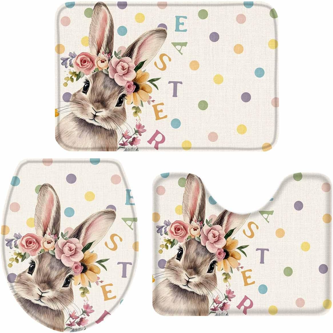 Wotrend Easter 3 Piece Bath Rug Set with Wreath Rabbit Design
