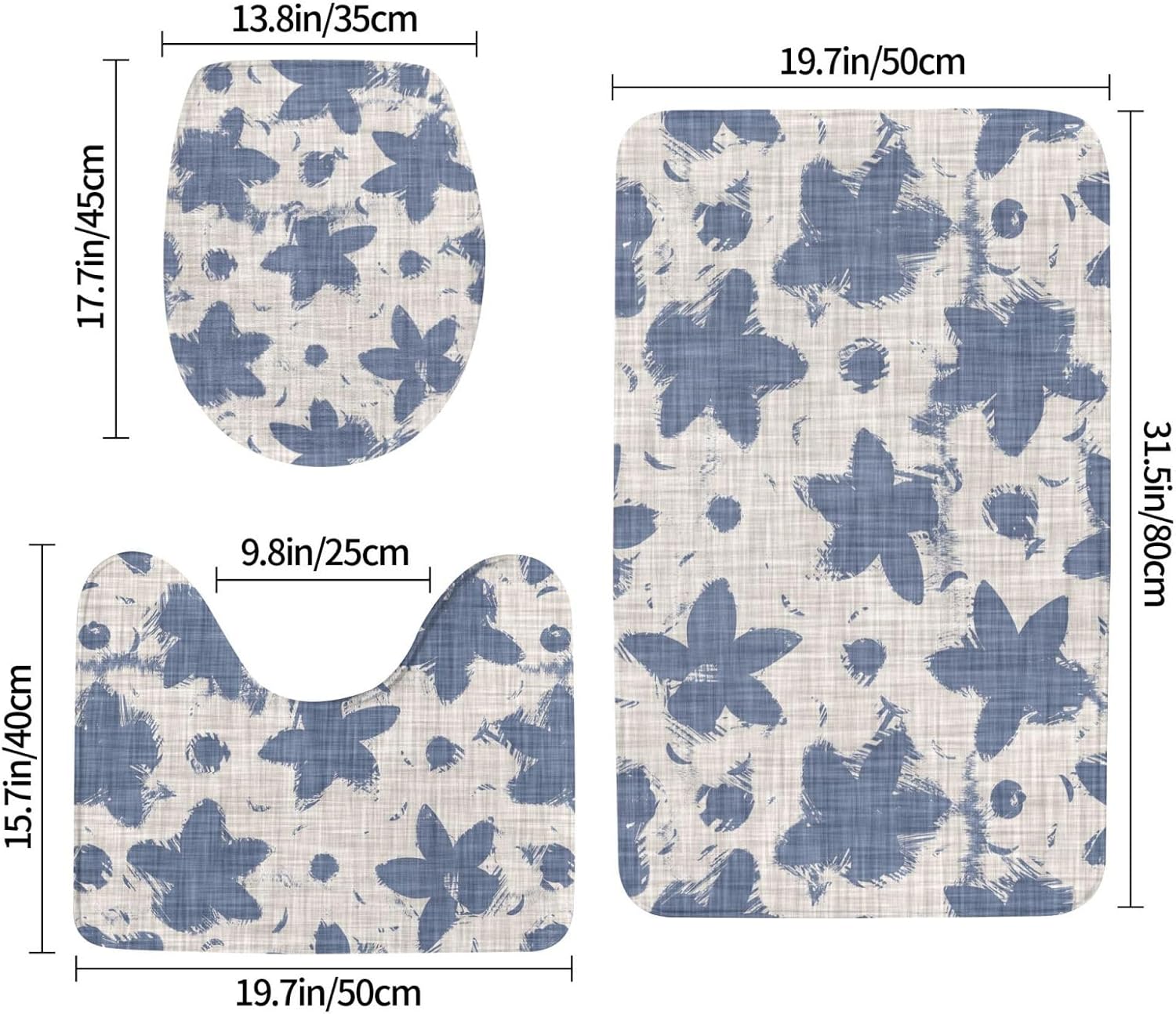 French Linen Floral 3-Piece Bathroom Rug Set