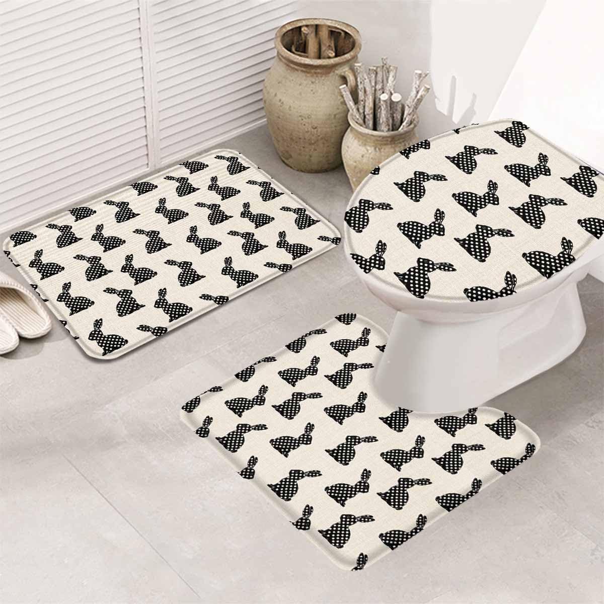 Wotrend Easter 3 Piece Bath Rug Set with Wave Pattern Rabbit Design
