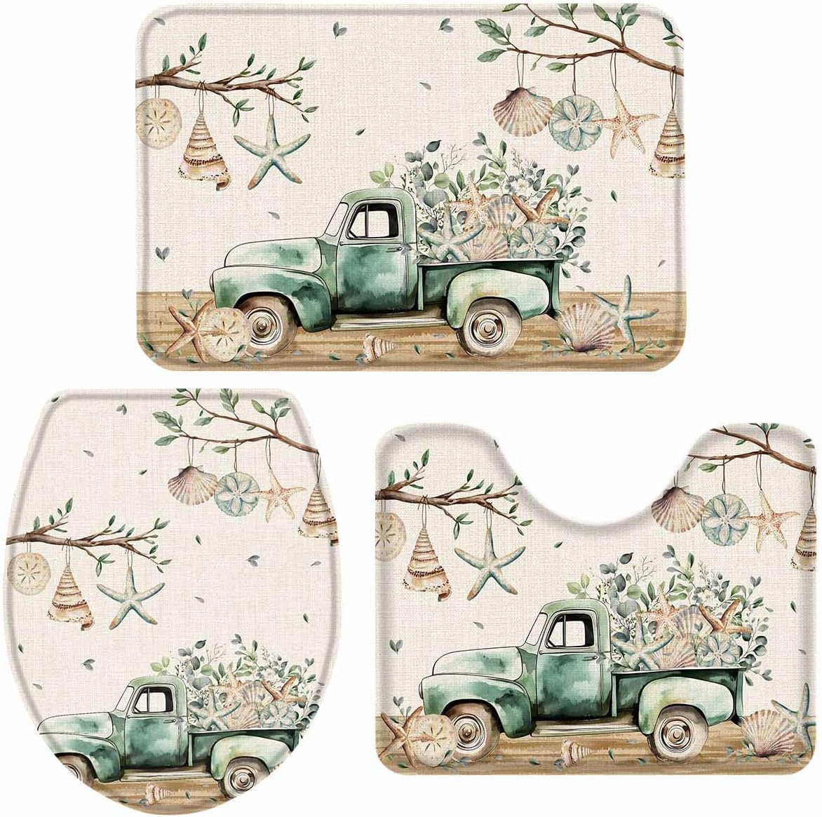 Wotrend Summer 3 Piece Bath Rug Set with Green Truck Starfish Pattern
