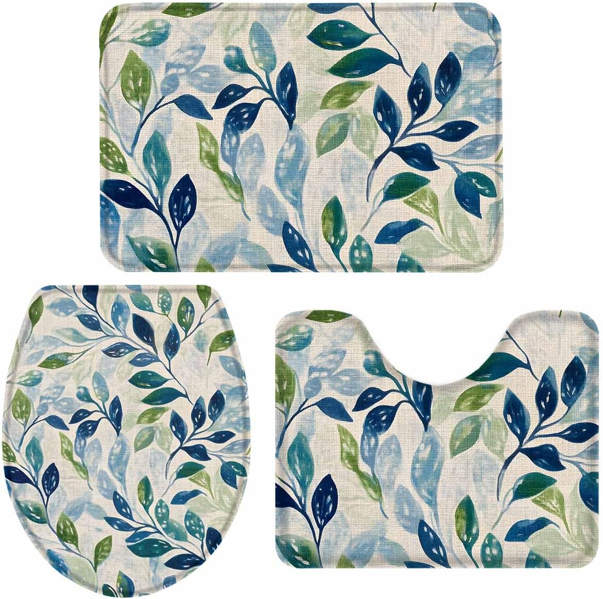 Wotrend Plant 3 Piece Bath Rug Set with Green Blue Leaves Linen Texture