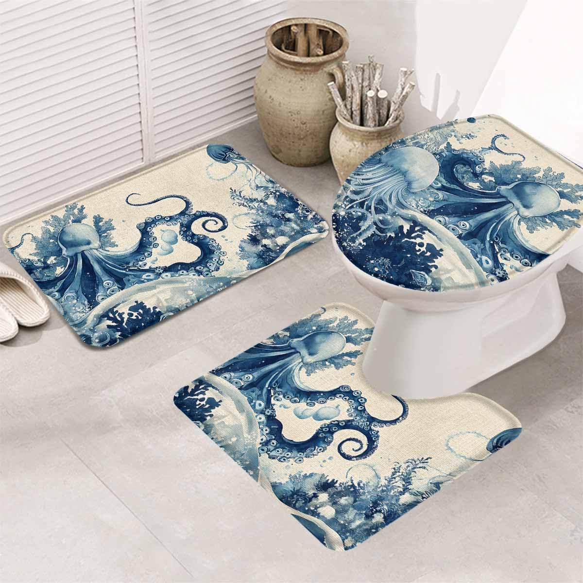 Wotrend Octopus Bath Rugs Set 3 Pieces Underwater Decor